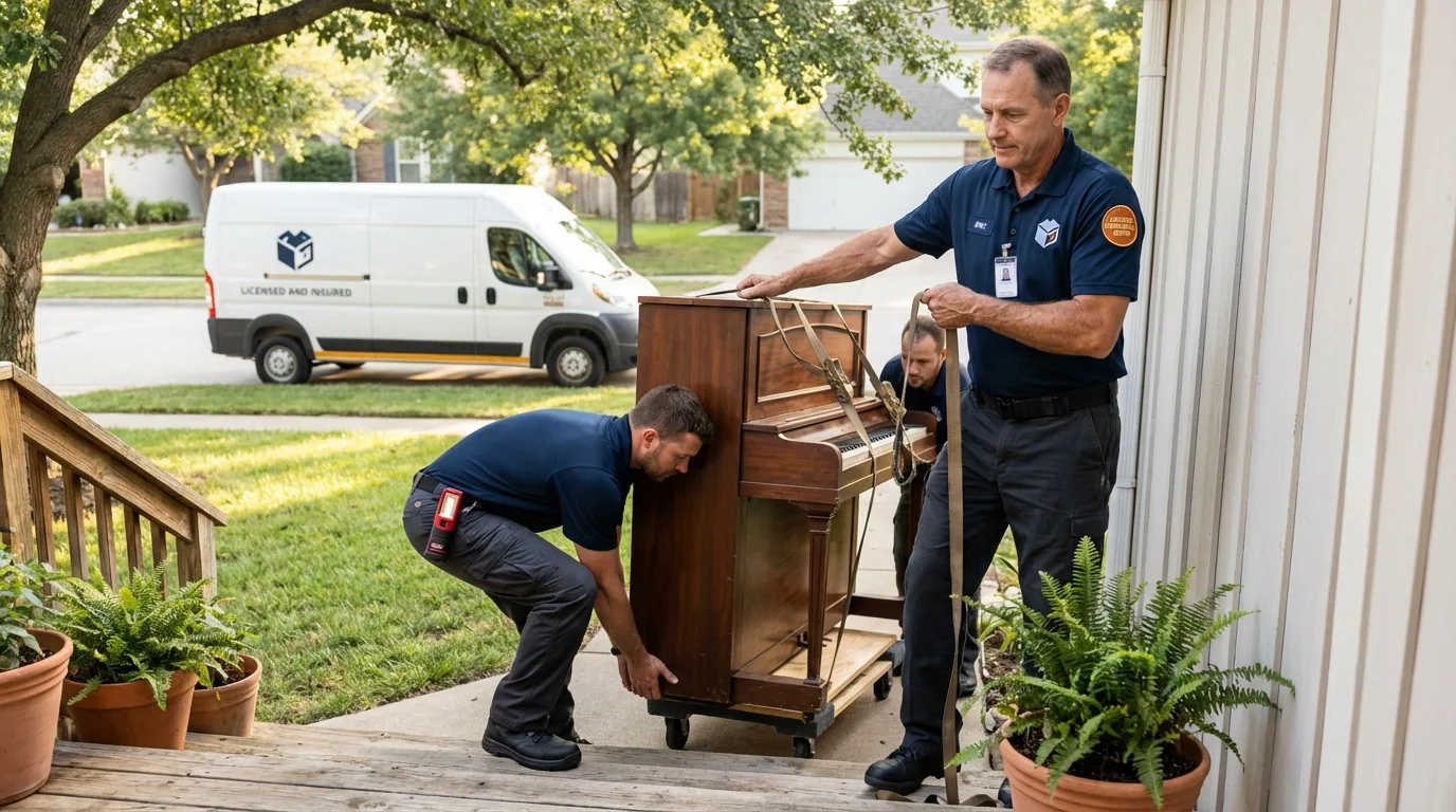 Licensed piano movers securing grand piano in Williston, FL