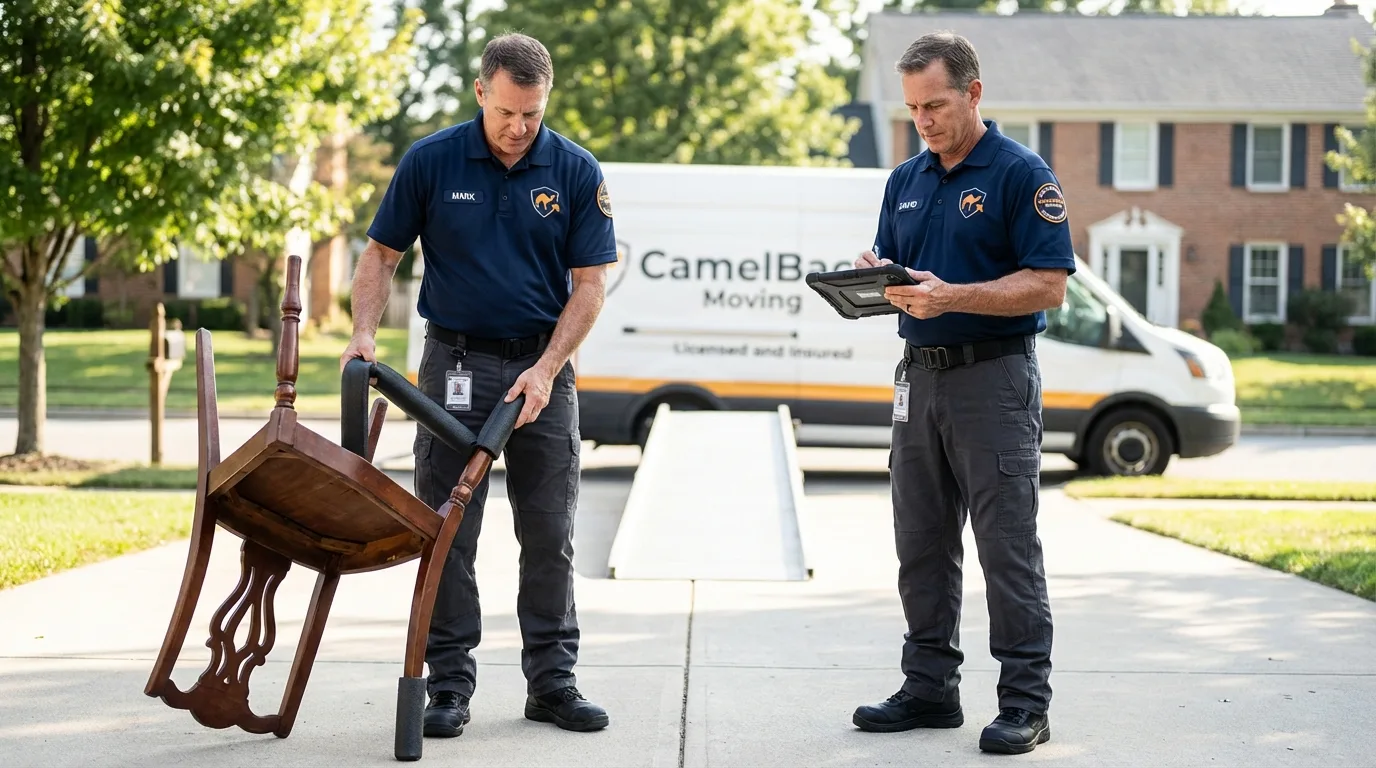 Movers inspecting furniture for damage prevention before loading in Williston, FL