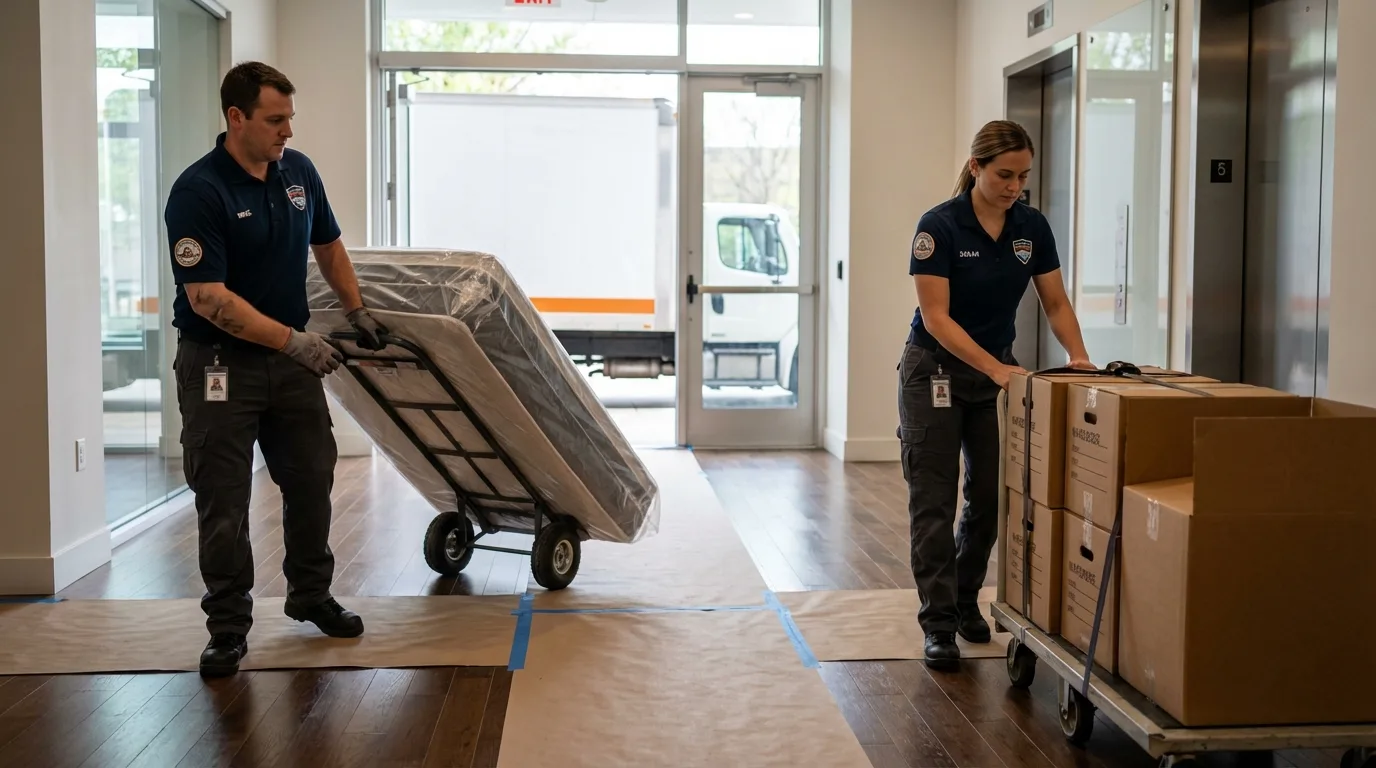 Professional apartment movers loading elevator in Williston, FL